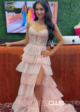 Ingrid |Long Pink Prom Dresses Websites With A Line Sweetheart Neck Layered Lace Sequins High Slit - Price #price_variant_lowest# - Pink - PromDressClub